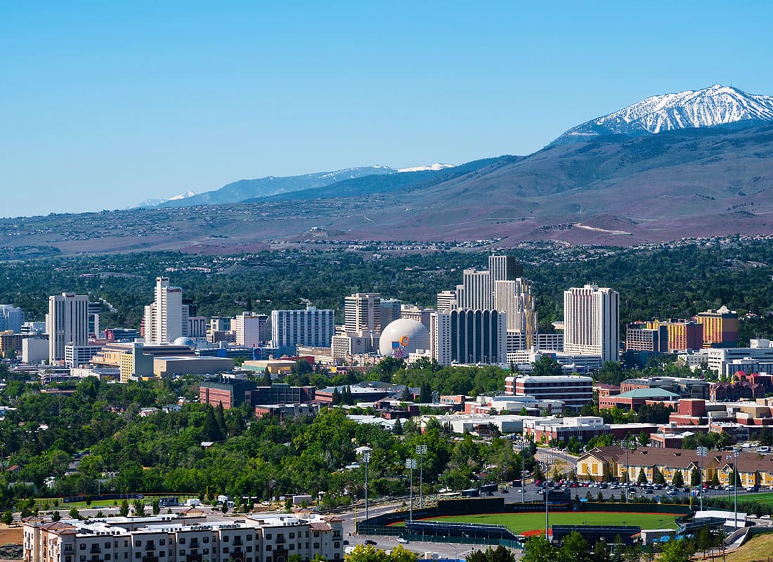 Reno, NV - Aerial View of Reno, Nevada Skyline on a Sunny Day